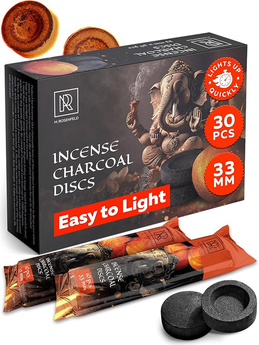 Charcoal Discs to Burn Incense - 30 pcs Charcoal for Incense Burning - 33 mm Most Quick Light Coals Tablets by M. ROSENFELD - 33 mm Resin Burner Rolls – Pack of 30 Instant Fire Coal Tablets