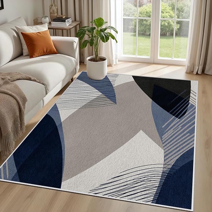 Abstract Art Line Living Room Area Rugs 2x3, Modern Boho Geometric Print Soft Rug, Minimalist Washable Non Slip Neutral Carpet for Bedroom, Dining Room Office Playroom, Navy Blue Gray