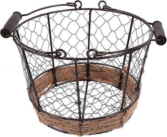 Mobestech Iron Wire Woven Small Storage Basket with Handle, Metal Sundry Organizer for Kitchen Countertop and Desktop, Vintage round Iron Fruit and Bread Holder for Home Storage