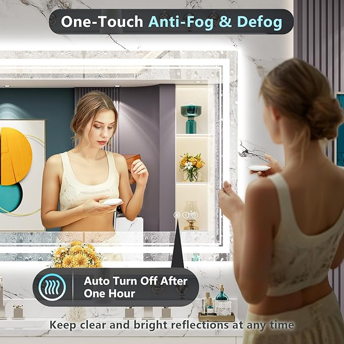 48x40 LED Bathroom Mirror with Lights, Backlit and Front Lit, Anti-Fog Lighted Vanity Mirrors for Bathroom Wall, Dimmable, 3-Color Light, Memory, Shatter-Proof, HD Tempered Glass, CRI＞90