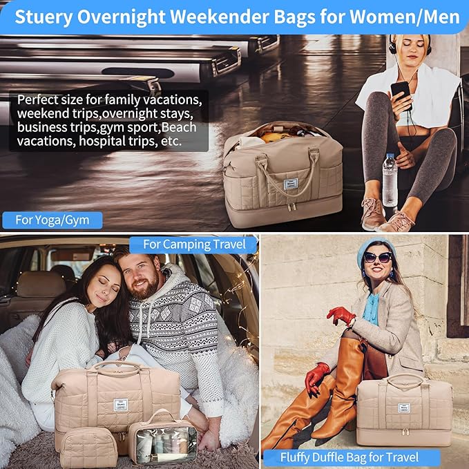 Weekender Bag, Large Travel Duffel Bag for Women, Carry on Overnight Bag with Shoe Compartment and Toiletry Bags