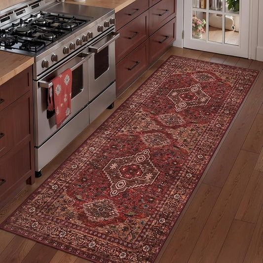 Tangsoo 2x6 Washable Runner Rug for Hallways, Non Slip Vintage Runner Rug, Soft Low Pile Long Rug Runner, Print Distressed Carpet Runners for Kitchen Bedroom Entryway Bathroom Living Room Dark Red