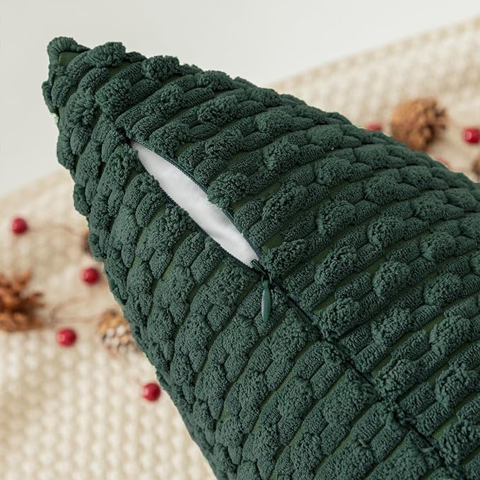 Kevin Textile Decorative Pillow Covers Set of 2 Striped Plush Corduroy Pillows Pillowcases Boho Home Decor Cushion Covers for Couch Sofa Bed Living Room 16x16 Inch, Army Green
