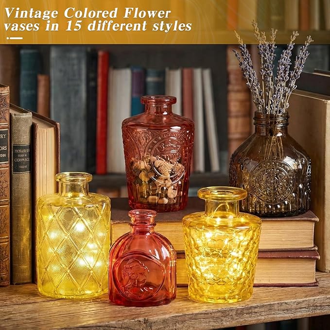Set of 15 Gold Colored Glass Bud Vases - Small Textured Flower Vases for Centerpieces, Wedding Table Decor, Retro Home Decor Bulk Vase Set for DIY, Events & Gifts