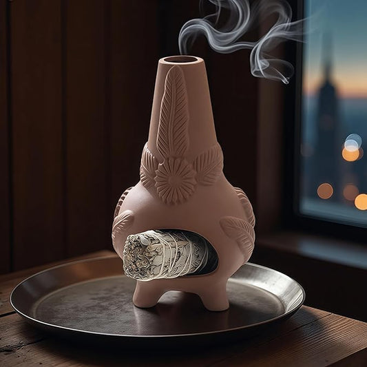 Handmade Terracotta Palo Santo Holder Burner & Sage Holde - Mexican Style Mini Tabletop Chiminea Tray with Ash Catcher, Decorative Incense Holder for Spiritual Meditation & Yoga