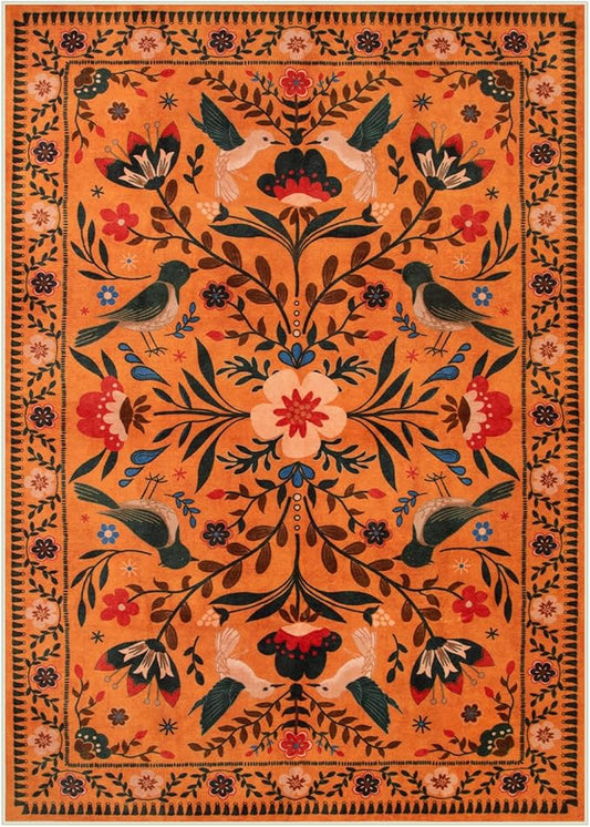 Moynesa Bedroom Rug 5x7, Washable Bohemian Scandinavian Orange Area Rugs for Living Room Dining Room Reading Coner, Modern Country Floral Bird Carpet, Fall Home Decor Non-Slip Protection