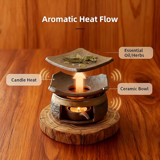 Ceramic Aromatherapy Stove Essential Oil Burner, Cedar and Zen Inspired Smudge Pot Oil Burner for Home Fragrance, Handmade Wax Melt Warmer, Meditation & Relaxation Décor, (3)