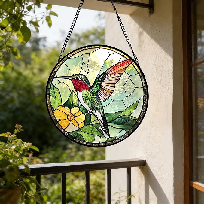 Stained Glass Window Hanging, Green Hummingbird Sun Catcher for Door Home Decor, Birds Suncatcher Christmas Mother's Day Birthday Gifts for Bird Lovers Women Men Mom and Nana 11.8 in
