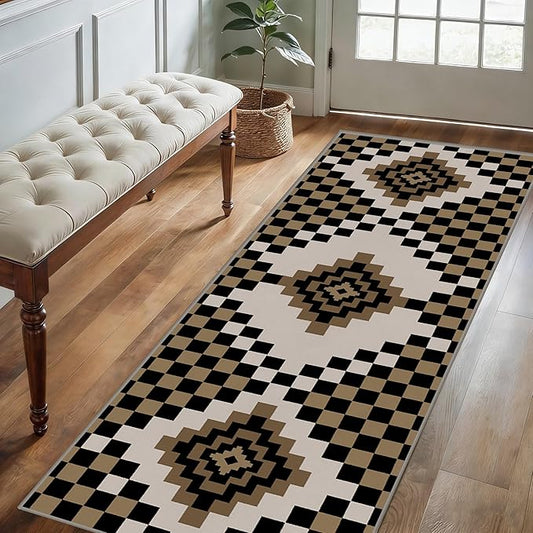 Retro Moroccan Farmhouse Decor Rug Runners for Hallways, 2x7ft, Black Linen Checkered Entryway Carpet, Rubber Backed Low Pile Easy Clean Carpets, Durable Reduce Noise Rugs for Floor
