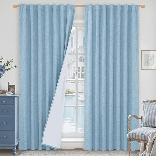 LAMIT Stone Blue 100% Blackout Linen Curtains, 84 Inch Linen Textured Living Room Farmhouse Curtains Room Darkening Back Tab and Rod Pocket Neutral Panels with White Liner, 2 Panels, 60 x 84 Inch