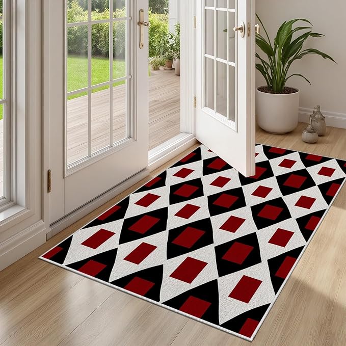 Plaid Rug 5x8, Vintage Geometric Soft Ultra Soft Faux Wool Low Pile Rug, Indoor Floor Mats Carpet, Non-Slip Stain Resistant Washable Rugs, Modern Red Rugs for Living Room Home Office Decor