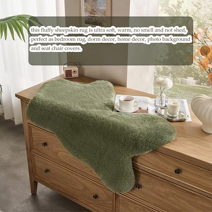 1700GSM Fuzzy Faux Sheepskin Fur Area Rug,Extra Soft Faux Fur Mat,Fluffy Shaggy Fur Rug for Bedroom Living Bedside Rug Room Decor-Sage Green, 2 x3 ft