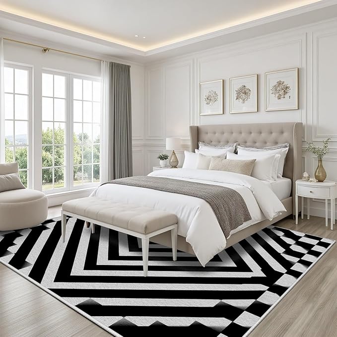 Black and White Rug 4x5, Checkered Soft Thin Indoor Floor Mats Carpet, Non-Slip Stain Resistant Washable Rugs, Modern Rhombus Geometric Rugs for Living Room, Farmhouse Rug