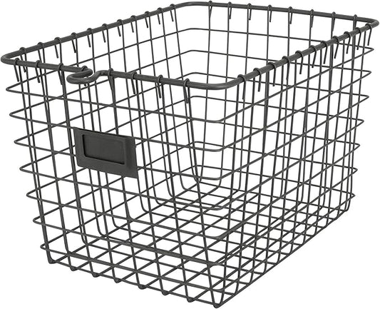 Spectrum Small Wire Basket with Label Plate Industrial Gray Square Wire Storage Basket for Kitchen Bathroom Laundry Pantry Closet Toy Under Sink Organization, Small Wire Basket Organizer for Storage