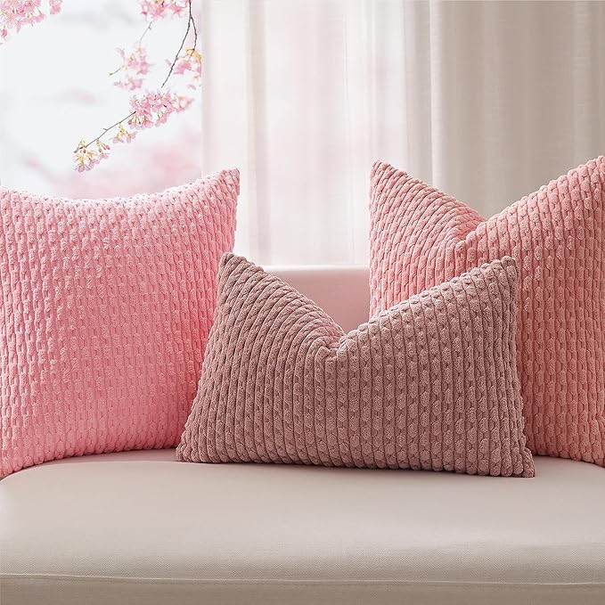 Kevin Textile Valentines Day Decorative Pillow Covers Set of 2 Striped Plush Corduroy Pillows Pillowcases Boho Home Decor Cushion Covers for Couch Sofa Bed Living Room 26x26 Inch, Dark Pink