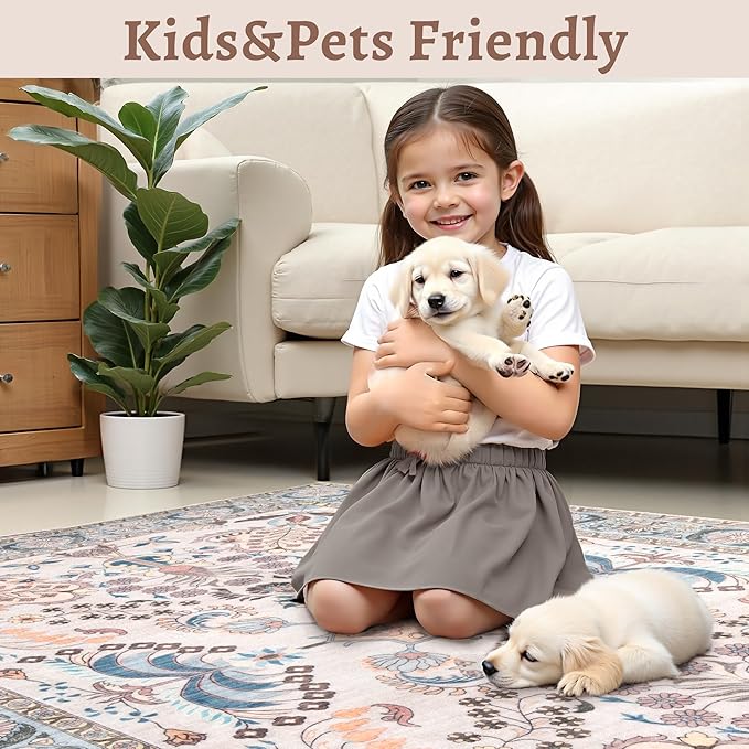 Tangsoo 5x7 Washable Area Rug, Non Slip Boho Floral Rug for Living Room Bedroom, Vintage Neutral Soft Low Pile Floor Indoor Carpet for Bathroom Office Laundry Kid & Pets Friendly Home Decor