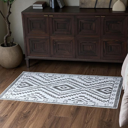 Moroccan Washable Area Rug 3x5, Geometric Tribal Decorative Woven Rug, Non-Slip Boho Farmhouse Soft Low-Pile Area Rug for Living Room Bedroom Nursery Dining Table, Dark Brown/White