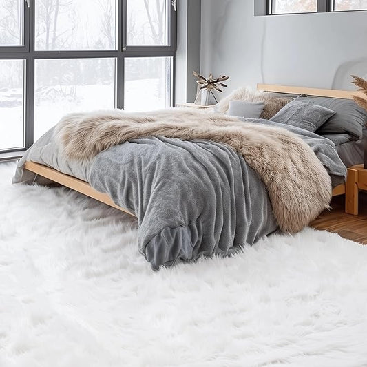 Super Area Rugs 5X7 White Shaggy Rug for Bedroom - Faux Fur Fluffy Carpet - Bright White Color for Living Room - Machine Washable Easy Care & Soft Feel
