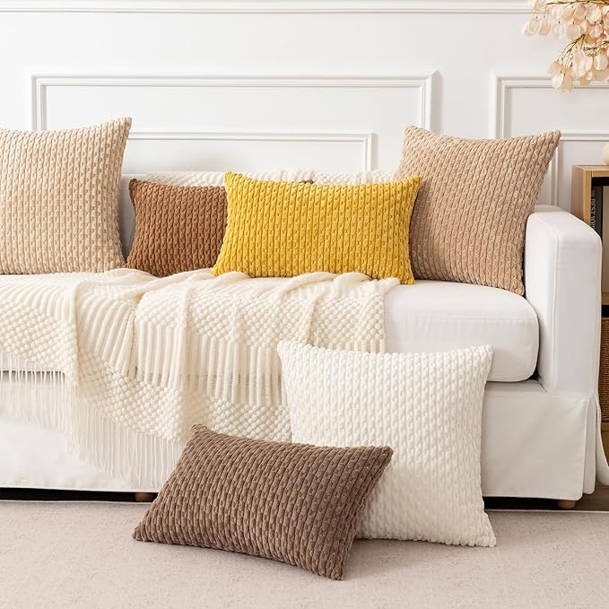 Kevin Textile Throw Pillow Covers Soft Corduroy Decorative Set of 2 Boho Striped Pillow Covers Pillowcases Farmhouse Home Decor for Couch Bed Sofa Living Room 26x26 Inch Mustard Yellow