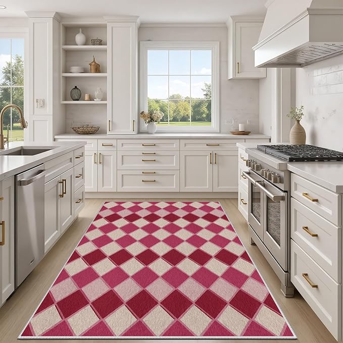 Plaid Rug, Soft Ultra Soft Faux Wool Rhombus Geometric Rugs, Indoor Floor Mats Carpet, Non Slip&Non-Shedding Low Pile Washable Rugs, Modern Red 4x5 Area Rug for Bedroom Home Decor