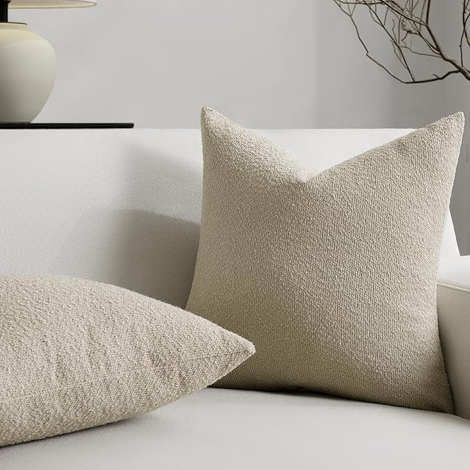 Throw Pillow Covers 18 x 18 Inch Set of 2, Beige Decorative Accent Solid Boucle Textured Pillow Cover, Cozy Neutral Cushion Pillow Cases for Living Room, Sofa, Chair, Bedroom, Home Decor