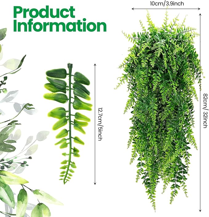 Geosar 104 Pcs Artificial Hanging Plants 32 Inch Hanging Boston Ferns Plastic Fake Plants for Wall Room Garden Wedding Garland Indoor Outdoor Decoration, No Basket