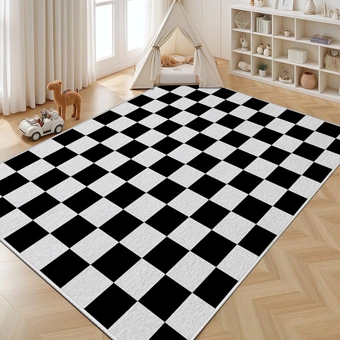 Black and White Checkered Rug for Living Room, 8x10 Area Rugs, Checkered Area Rug, Geometric Plaid Large Rugs, Geometrical Washable Non Slip Retro Carpet Home Floor Decor