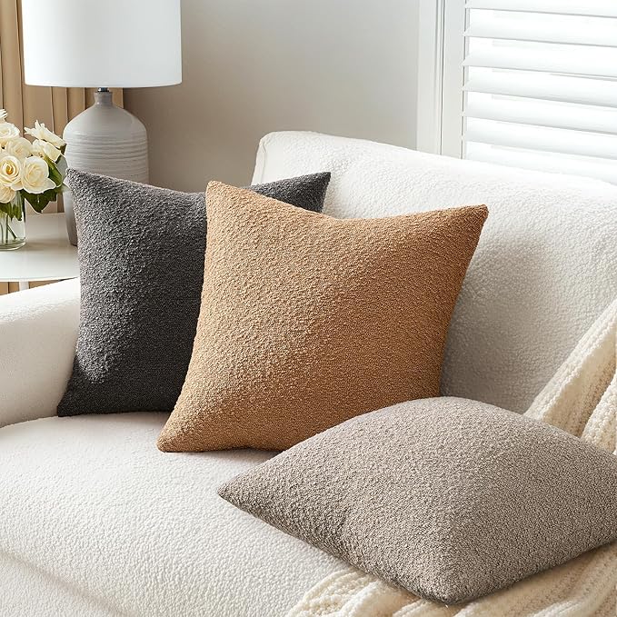 ANRODUO Pack of 2 Textured Boucle Throw Pillow Covers Soft Tobacco Brown Euro Decorative Accent Solid Pillow Cases Cozy Modern Couch Cushion Case for Sofa Bedroom Living Room Home Decor, 26 x 26 Inch