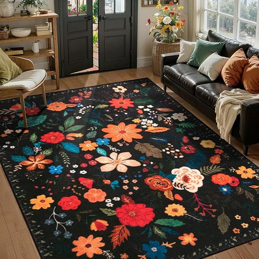 Tangsoo 5x7 Area Rug for Living Room Bedroom, Non Slip Machine Washable Boho Floral Rug, Low Pile Large Floor Carpet Indoor Mats for Kids Room, Farmhouse, Dining Room, Office(Black)