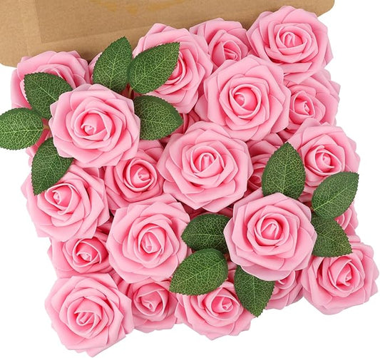 N&T NIETING Artificial Flowers Pink Roses, 25Pcs Fake Flowers Foam Roses with Stems for Valentines Day DIY Wedding Bridesmaid Bridal Bouquets Centerpieces Party Home Decoration Baby Shower