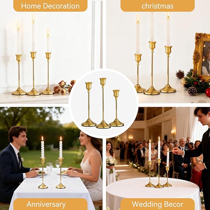 Taper Candle Holders, Tall Vintage Metal Candlestick Holders, 12 PCS Gold Candle Sticks Holders for Home Decor Table Centerpiece Wedding Housewarming Festival, Gold, 4 Sets (12 pcs)