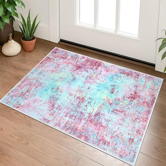 Modern Abstract 2x3 Girls Room Rug, Machine Washable Blush Pink Sky Blue Small Area Rug Thin Kitchen Mat Non-Slip, Print Faux Wool Soft Floor Carpet for Girl Women's Bedroom Entryway Bedside