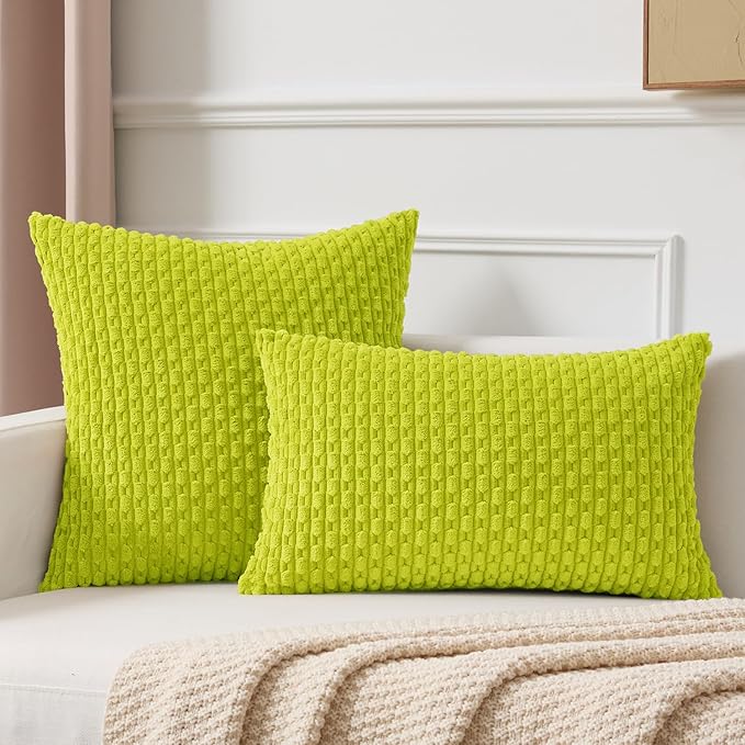 Kevin Textile Decorative Pillow Covers Set of 2 Striped Plush Corduroy Pillows Pillowcases Boho Home Decor Cushion Covers for Couch Sofa Bed Living Room 24x24 Inch, Christmas Green