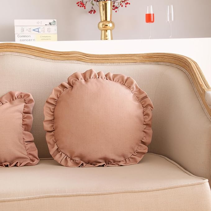 ISAENNE Classic Pink Round Throw Pillow Cover Diameter 16", Solid Color Cottage Linen Cotton Decoration Pillow Cover with Ruffles, Sturdy Throw Pillow Case for Couch Sofa Bed Living Room