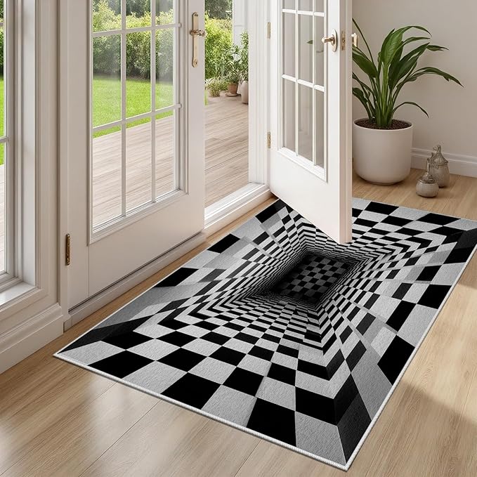 Optical Illusion Rug - Black and White Rug for Living Room, Soft Ultra Soft Faux Wool 6x9 Area Rugs Floor Mats, Non Slip&Non-Shedding Low Pile Checkered Washable Rugs, Abstract Geometric Carpet