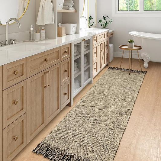 Collive Long Hallway Runners Rug 2.6x7, Farmhouse Washable Kitchen Runner Rug for Bedroom, Natural/Black Braided Woven Entryway Rug Low-Profile Front Door Floor Carpet for Laundry Bathroom Living Room