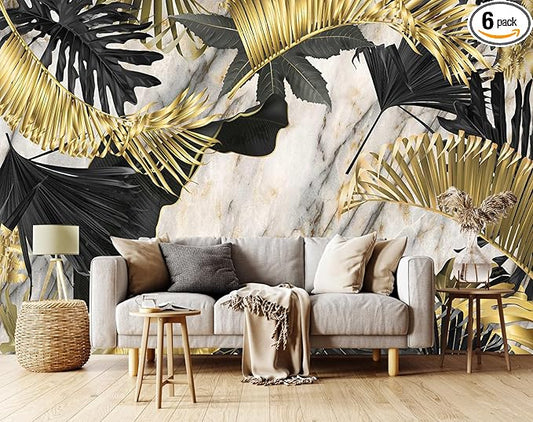 Seamless Summer Pattern with Golden White and Black Tropical Plants.Modern Abstract Design for Paper Wallpaper Cover Fabric （Non-self-Adhesive）