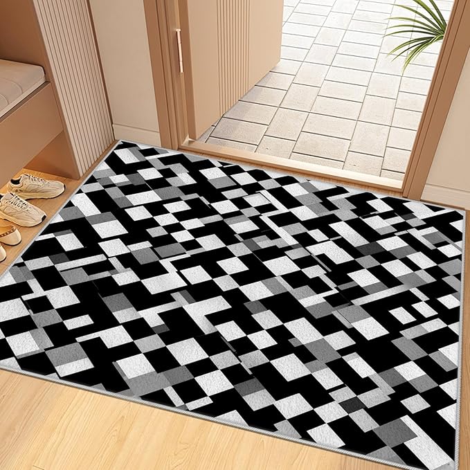 Black White and Grey Rug - Geometric Area Rug, Area Rugs 4x5, Modern Abstract Rugs, Irregular Block Splicing Carpet Washable Non Slip Home Decor Carpet for Living Room