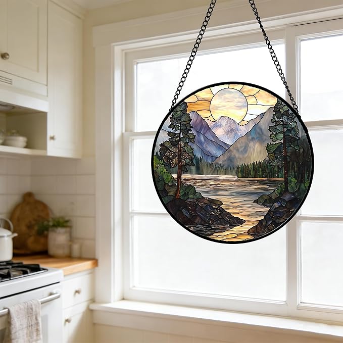 Stained Glass Window Hanging, Sunset Mountains Lake Tree Sun Catcher for Window Home Decor Landscape Suncatcher Mother's Day Birthday Gifts for Women Men Mom and Nana 9.8 in