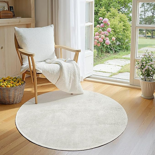 jinchan Solid Plush Round Rug 4ft Performance Shaggy Circle Rug 4' Round Washable Indoor Soft Modern Faux Wool Non Slip Carpet for Living Room Kids Room Bedroom Dining Room Ivory