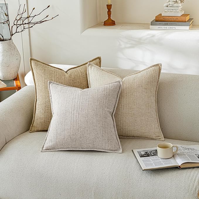 a moment Linen Pillow Covers Set of 2,Boho Farmhouse Throw Pillowcases Neutral Textured Decorative Covers for Couch Sofa,Soft Linen Blend Accent Case Cushion Living Room Home Decor 24"x24"Ivory