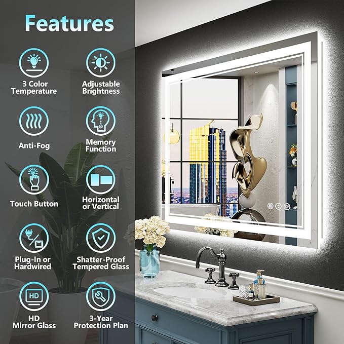 40x38 LED Bathroom Mirror with Lights, Backlit + Front Lit, Anti-Fog Lighted Vanity Mirror for Bathroom Wall, 3 Colors, Dimmable, Memory, HD Tempered Glass, Shatter-Proof, Horizontal/Vertical