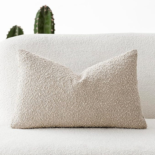 Foindtower Textured Boucle Throw Pillow Covers Accent Solid Lumbar Pillow Cases Cozy Soft Decorative Couch Cushion Case for Chair Sofa Bedroom Living Room Home Decor, 12 x 20 Inch,Beige Oatmeal