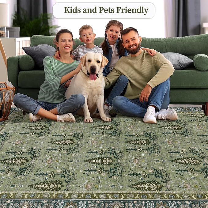 Tangsoo 2x6 Washable Runner Rug for Hallways, Non Slip Vintage Boho Green Floral Rug for Entryway Kitchen Laundry, Non Slip Soft Low Pile Indoor Rug for Bedroom Bathroom Beside