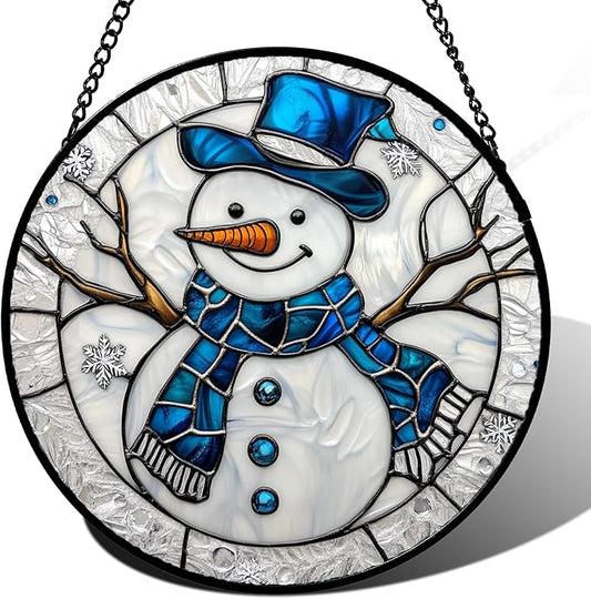 Stained Glass Window Hanging Christmas Snowman Blue White 7.8" - Suncatcher Door Garden Sun Catcher Home Decor Birthday Mother's Day Xmas Gift for Mom Men Woman Her Nana Parents Girl