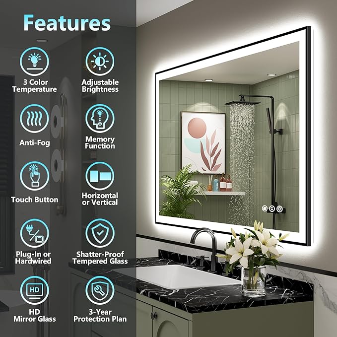 40x24 Black Framed LED Bathroom Mirror with Lights, Backlit & Front Lit, Anti-Fog Lighted Vanity Mirrors for Bathroom Wall, Dimmable, 3 Colors, Memory, Shatter-Proof, Tempered Glass, CRI＞90