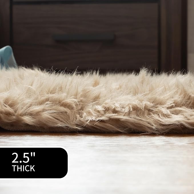 Super Area Rugs Ultra Soft & Fluffy Faux Sheepskin Rug, Light Brown 3 x 5 Feet Carpet for Bedroom Living Room