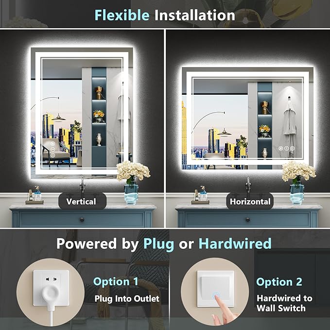 28x32 LED Bathroom Mirror with Lights, Backlit & Front Lit, Anti-Fog Lighted Vanity Mirror for Bathroom Wall, 3 Colors, Dimmable, Memory, HD Tempered Glass, Shatter-Proof, Horizontal/Vertical