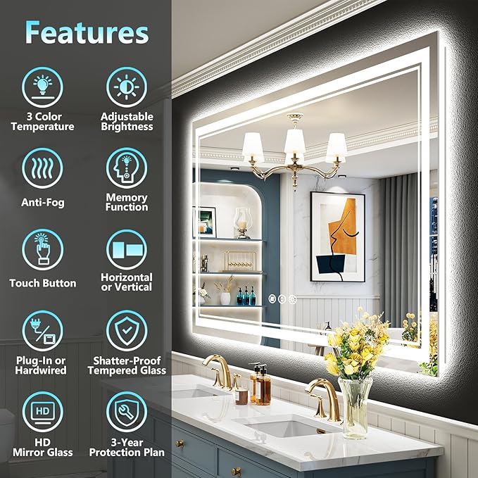 55x36 LED Bathroom Mirror with Lights, Backlit and Front Lit, Anti-Fog Lighted Vanity Mirrors for Bathroom Wall, Dimmable, 3-Color Light, Memory, Shatter-Proof, HD Tempered Glass, CRI＞90