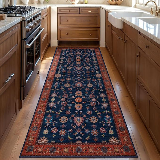 Tangsoo Washable Runner Rug for Hallway Non Slip, 2x6 Boho Floral Vintage Carpet Runner Rugs for Entryway, Floor Low Pile Runners for Kitchen Bathroom Laundry Bedroom Alfombra Red Blue Farmhouse